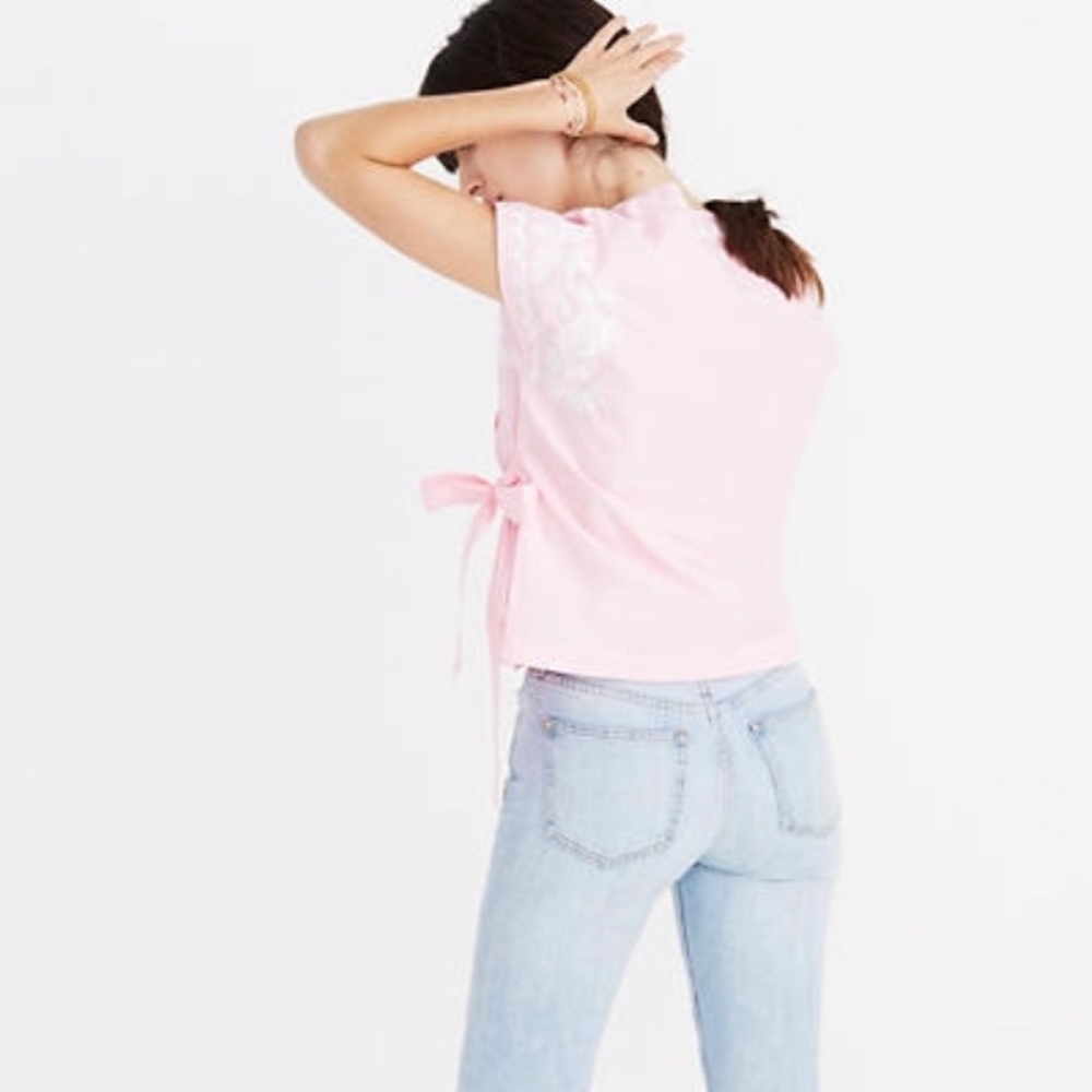 Madewell Pink embroidered side-tie wrap top large - Picture 3 of 10
